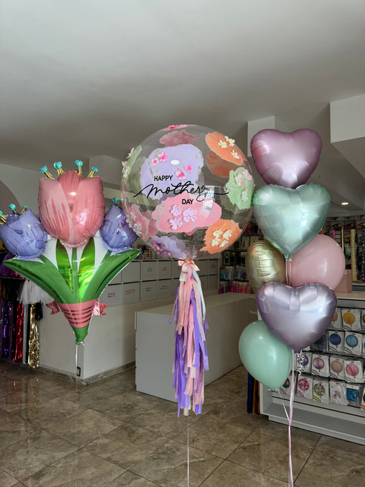 Globo Burbuja con Florecitas + 1 Ramillete de Látex y Corazones + 1 Globo Tulipanes