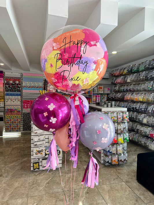 Globo Burbuja + 2 Orbz + 2 Globos Látex + Florecitas